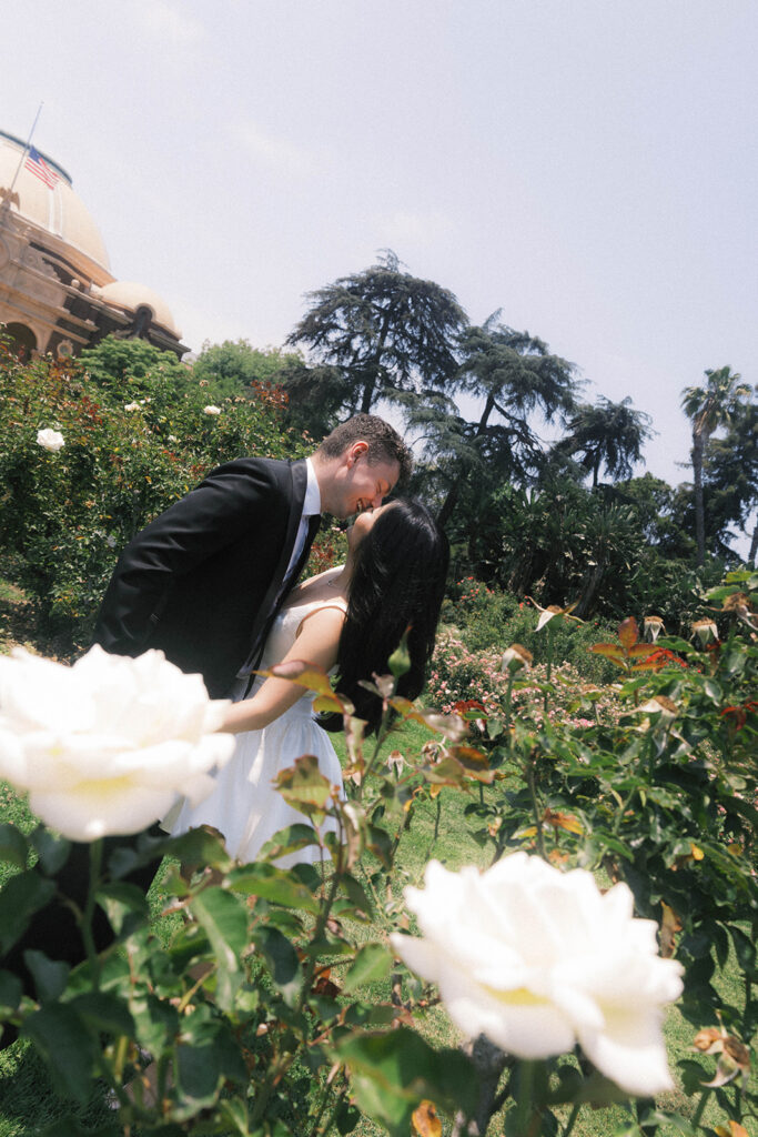 Engagement photo of a couple kissing in a rose garden, with the woman in a short white dress and the man in a black suit, romantic outdoor setting under a clear sky.