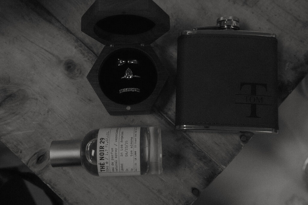 flat lay wedding details for groom