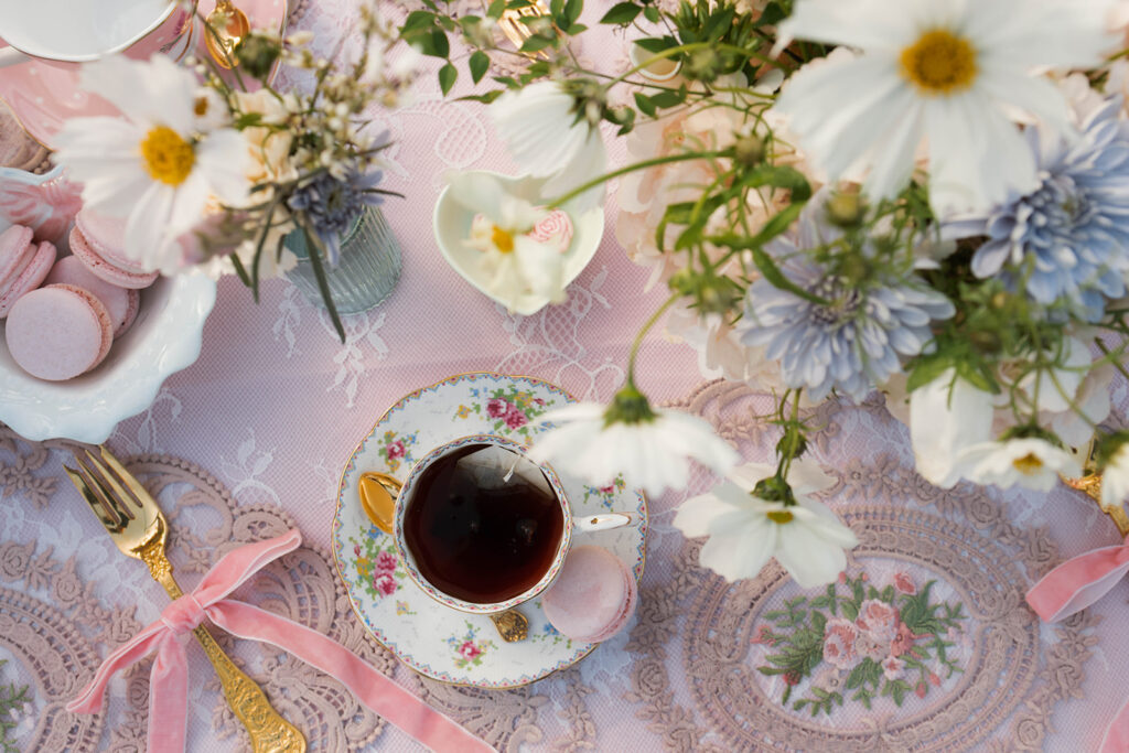 vintage tea party ideas, Bridgerton-inspired event, Valentine’s Day tea party, Galentine’s tea, bridal shower tea party, Easter brunch ideas, vintage decor, heirloom tea sets, event vendors, floral design, dessert table ideas, pastel party styling, romantic garden party.