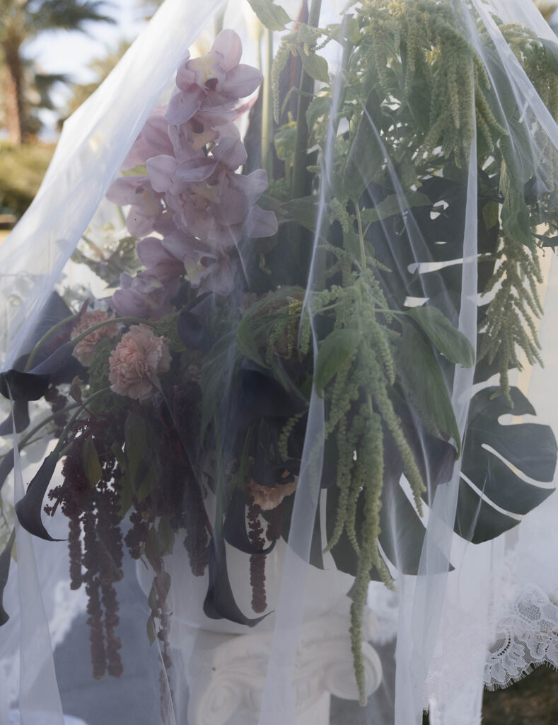 Wedding ceremony setup with floral arrangements