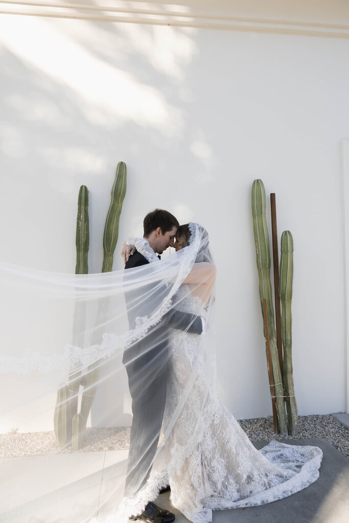 Bride and groom posing for wedding portraits.
