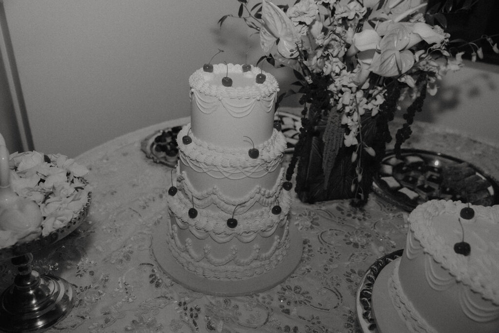 wedding cake and dessert table