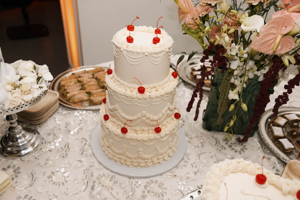 wedding cake and dessert table