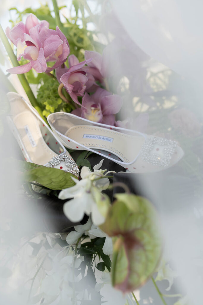 Wedding ceremony setup with floral arrangements