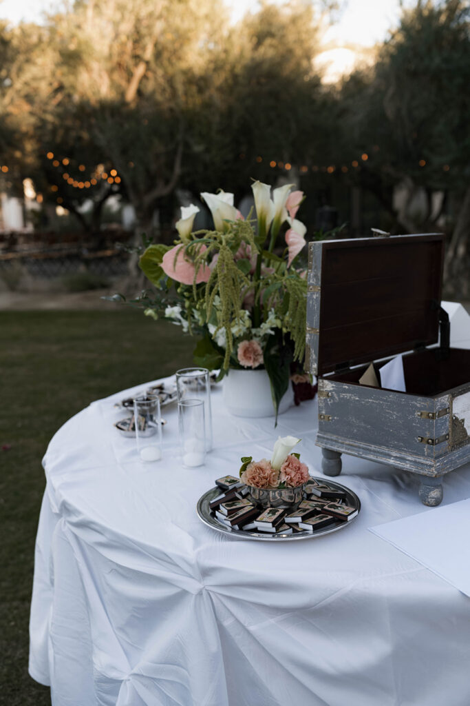 Wedding ceremony setup with floral arrangements