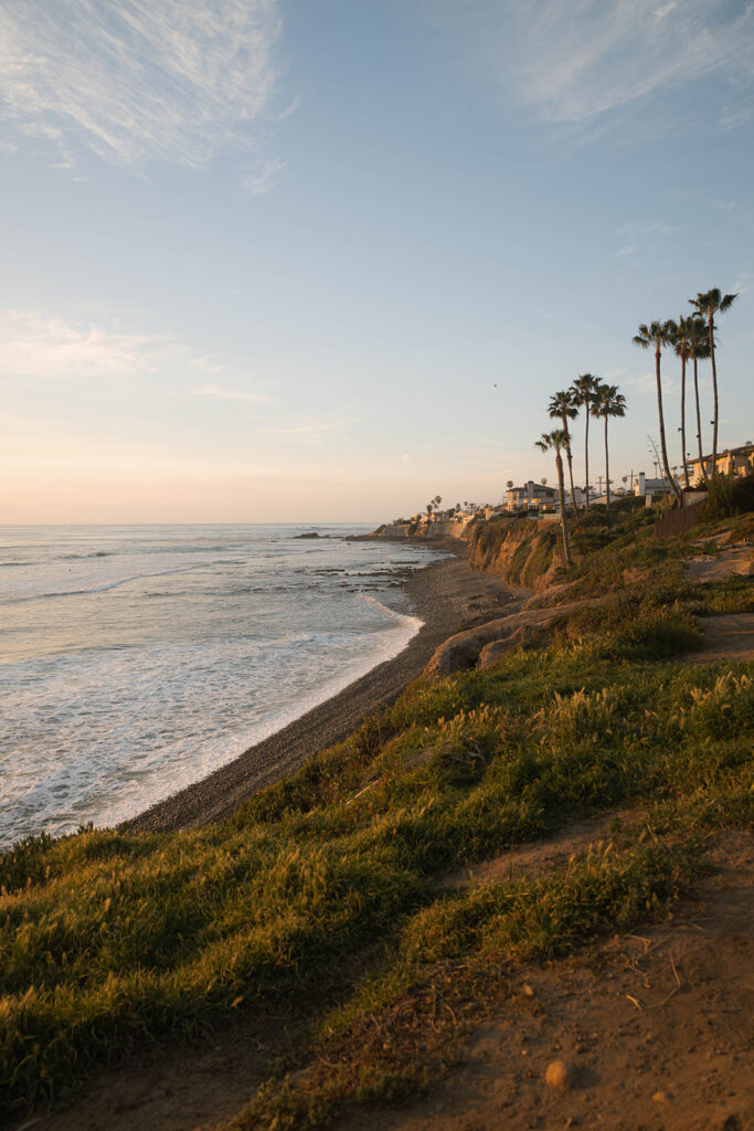 Intimate beach elopement ceremony with family gathered on a cliffside