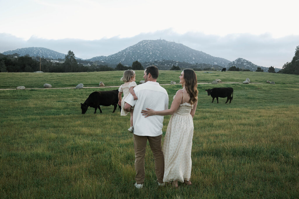 Candid moment of parents and child embracing in golden hour light and cows