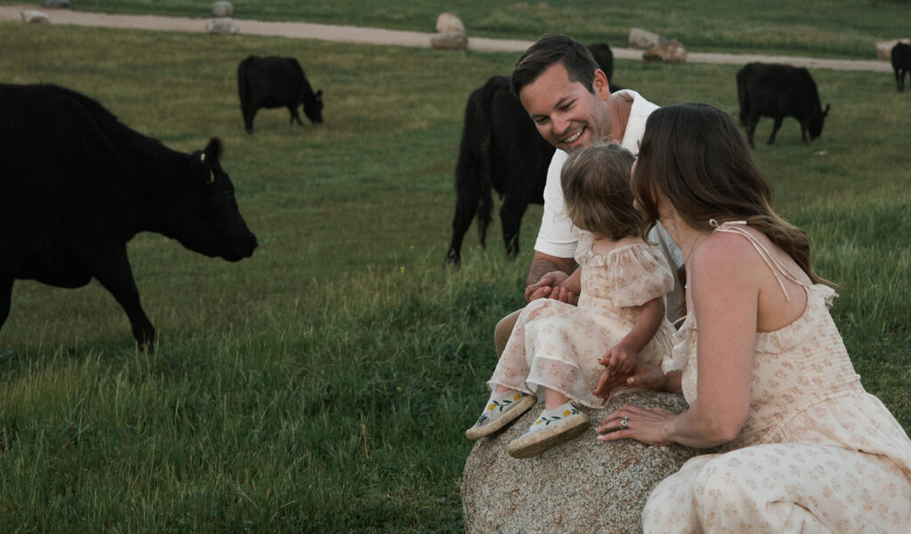 Candid moment of parents and child embracing in golden hour light and cows