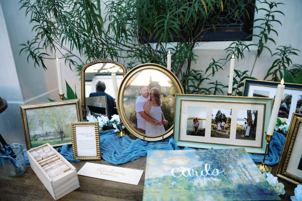 Romantic wedding scene featuring soft pastel florals, elegant decor, emotional couple moments, and guests celebrating in a light-filled venue inspired by Monet’s water lily paintings.