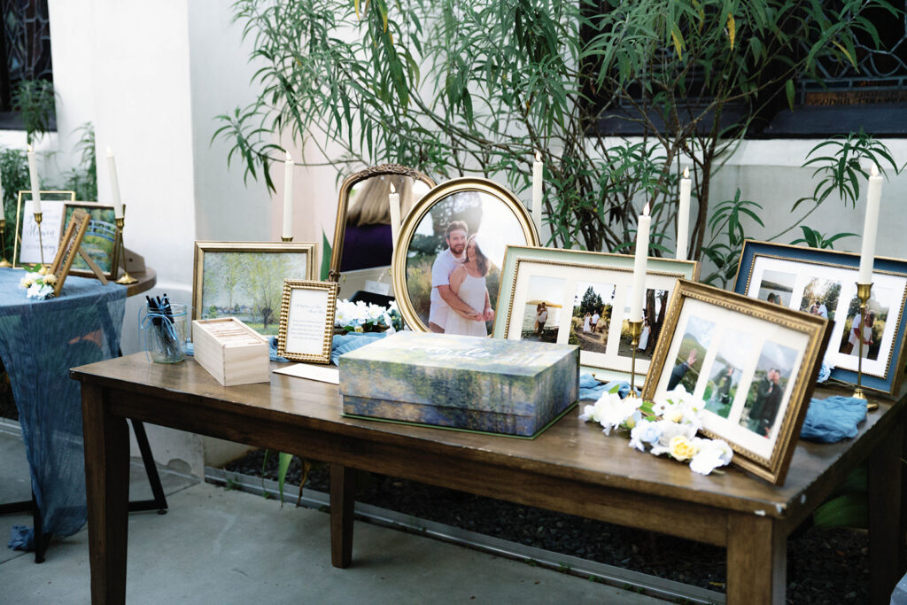 Romantic wedding scene featuring soft pastel florals, elegant decor, emotional couple moments, and guests celebrating in a light-filled venue inspired by Monet’s water lily paintings.