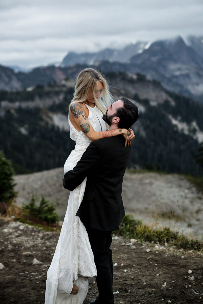 bride and groom embracing in the north cascades, washington