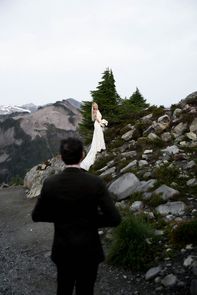 bride and groom in the mountains of washington